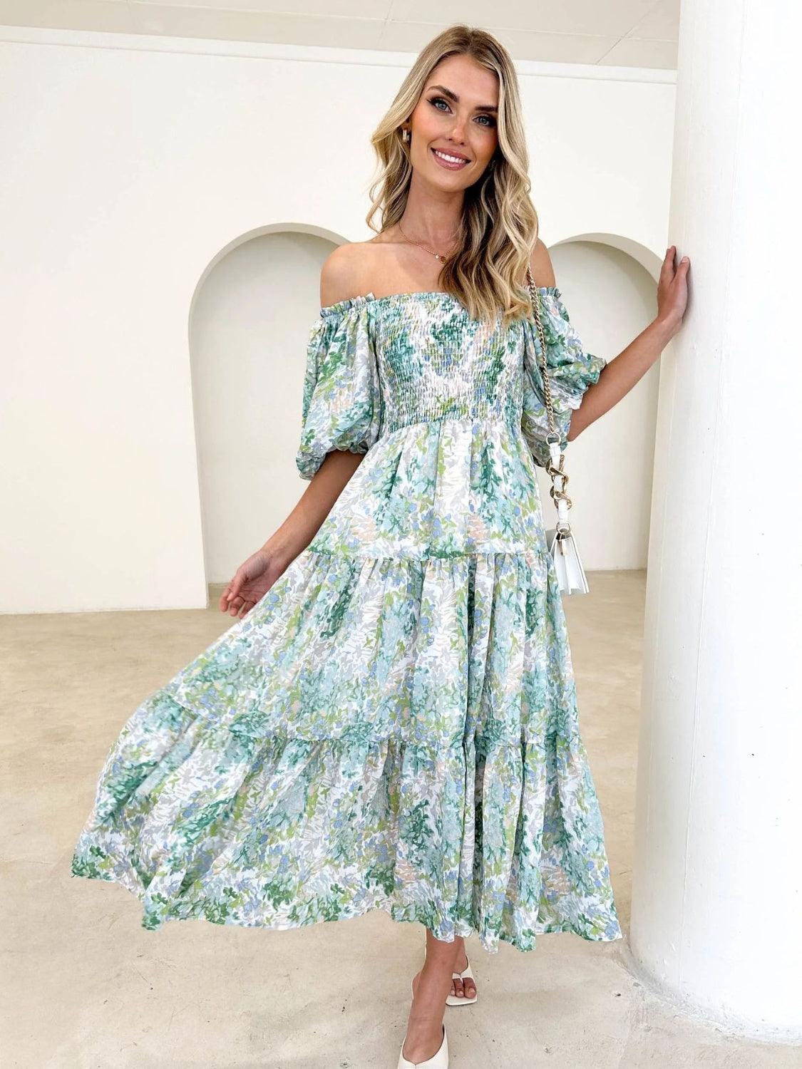 Floral Smocked Off-Shoulder Tiered Midi Dress - Dresses