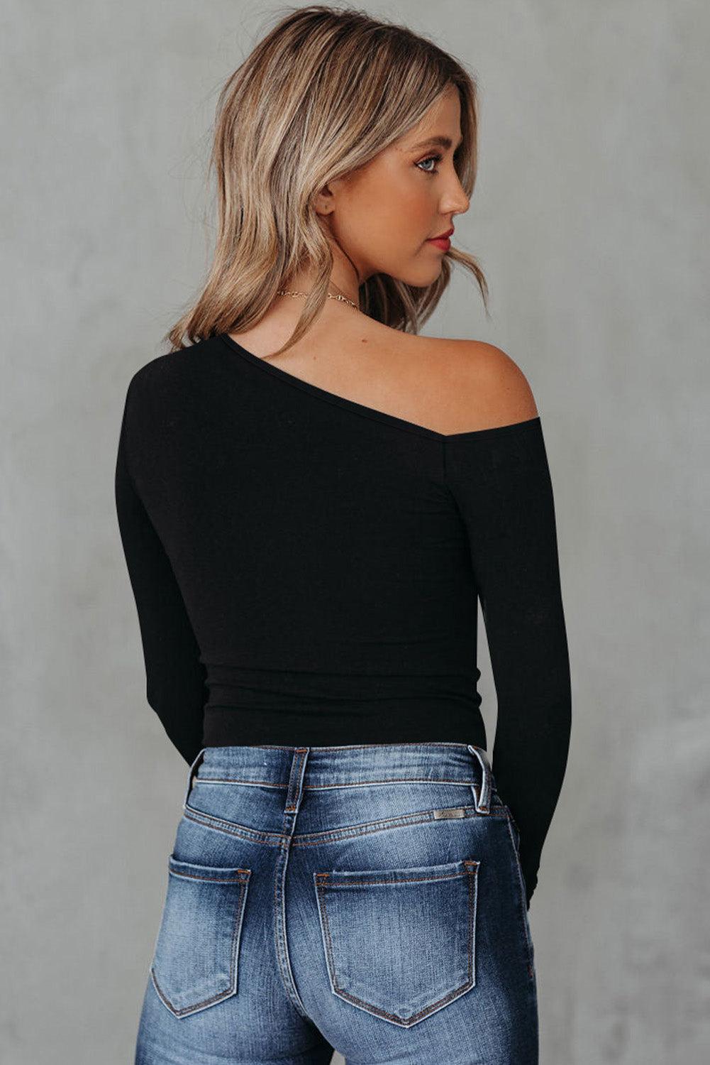 Asymmetrical Neck Long Sleeve Top - Top