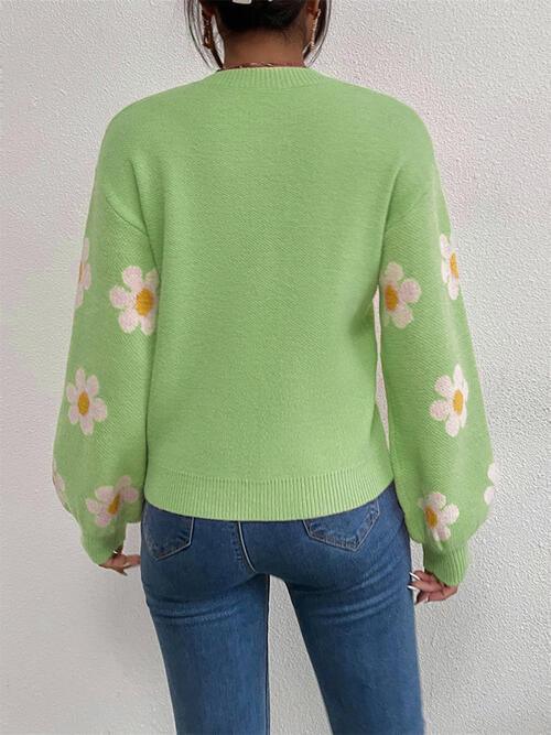 Flower Round Neck Latern Sleeve Sweater - Sweater