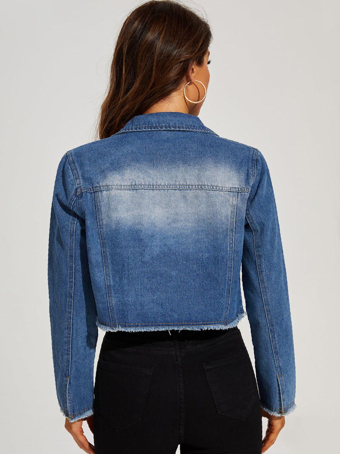 Collared Neck Raw Hem Cropped Denim Jacket - Jacket