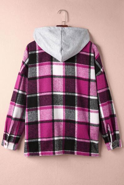 Button Up Plaid Hooded Shacket - Jacket