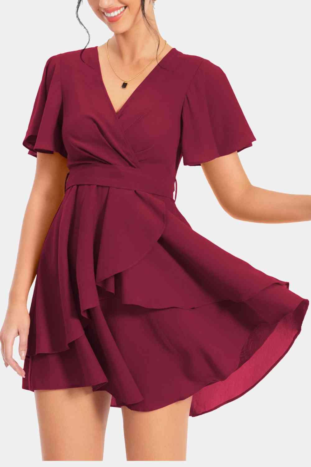 Surplice Neck Flutter Sleeve Mini Dress - Dresses