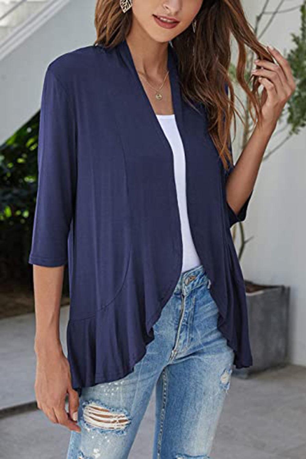 Open Front Ruffle Trim Cardigan - Cardigan