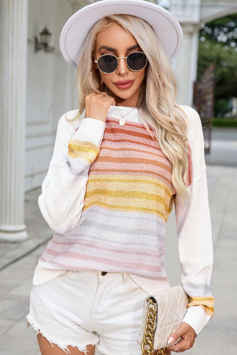 Round Neck Printed Striped Knit Top - Top