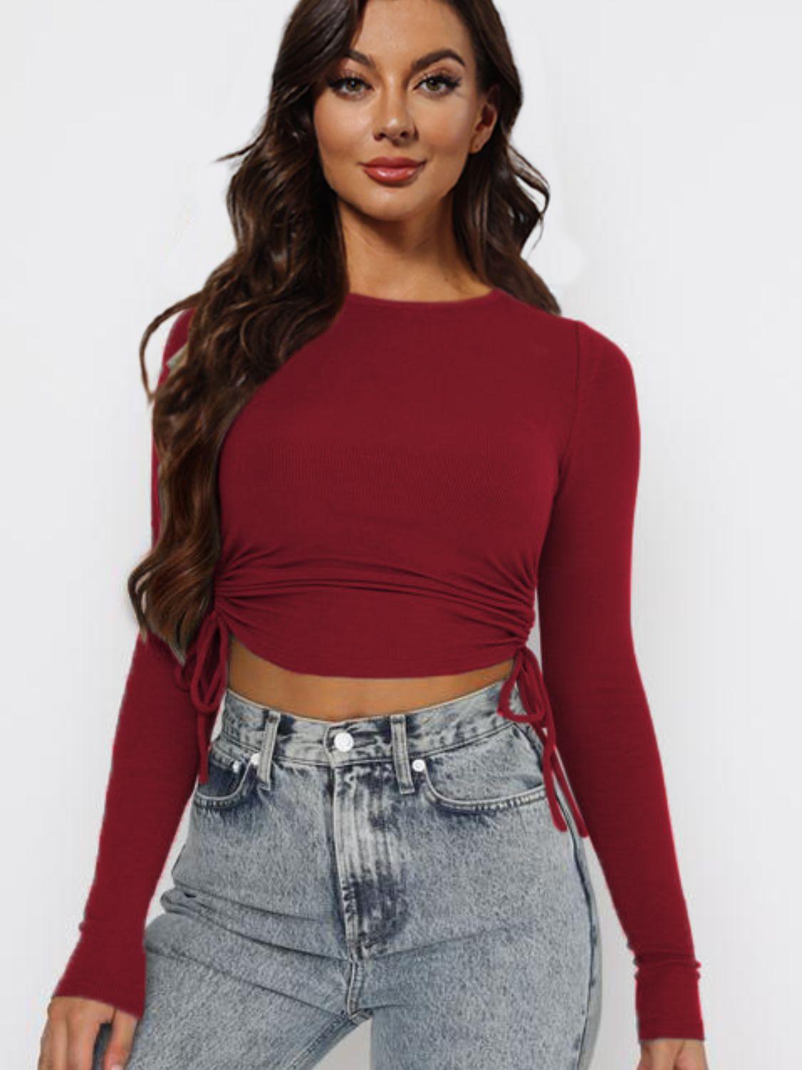 Cropped Drawstring Round Neck Long Sleeve Top - Top