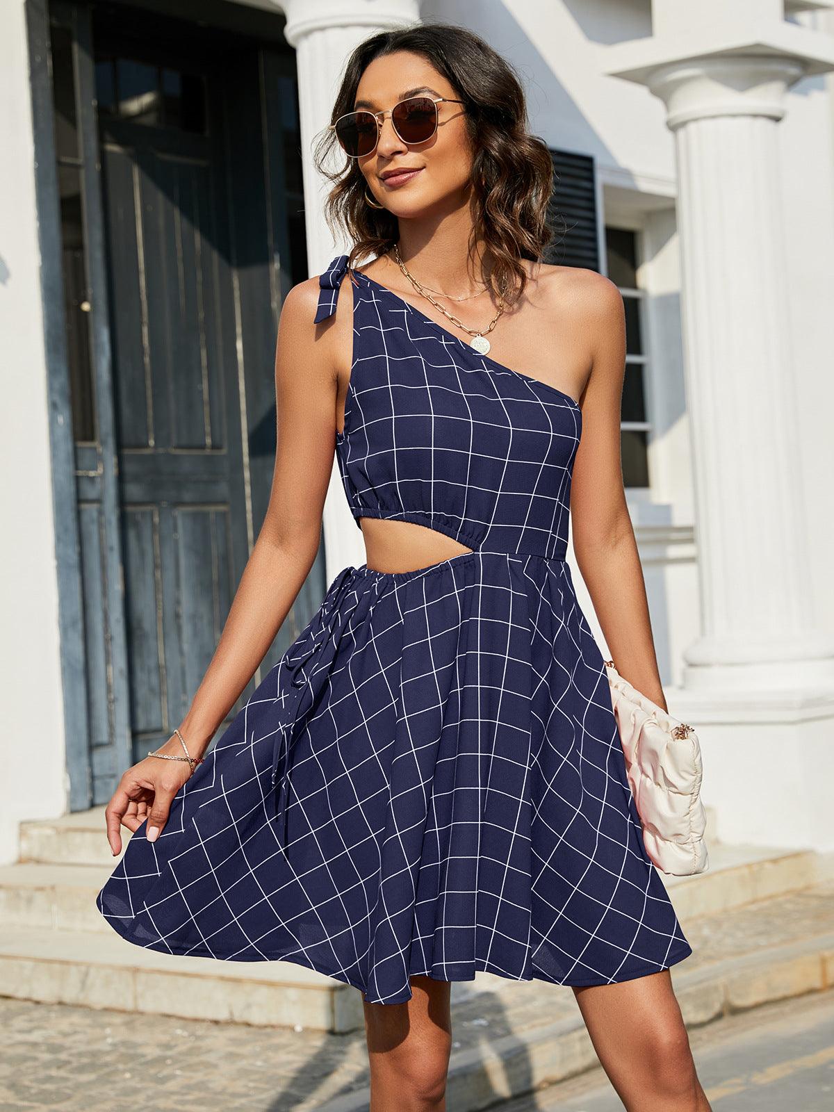 Plaid One-Shoulder Tied Cutout Mini Dress - Dresses