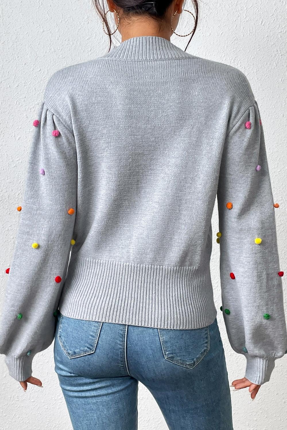 Pom-Pom Trim Mock Neck Long Sleeve Pullover Sweater - Sweater