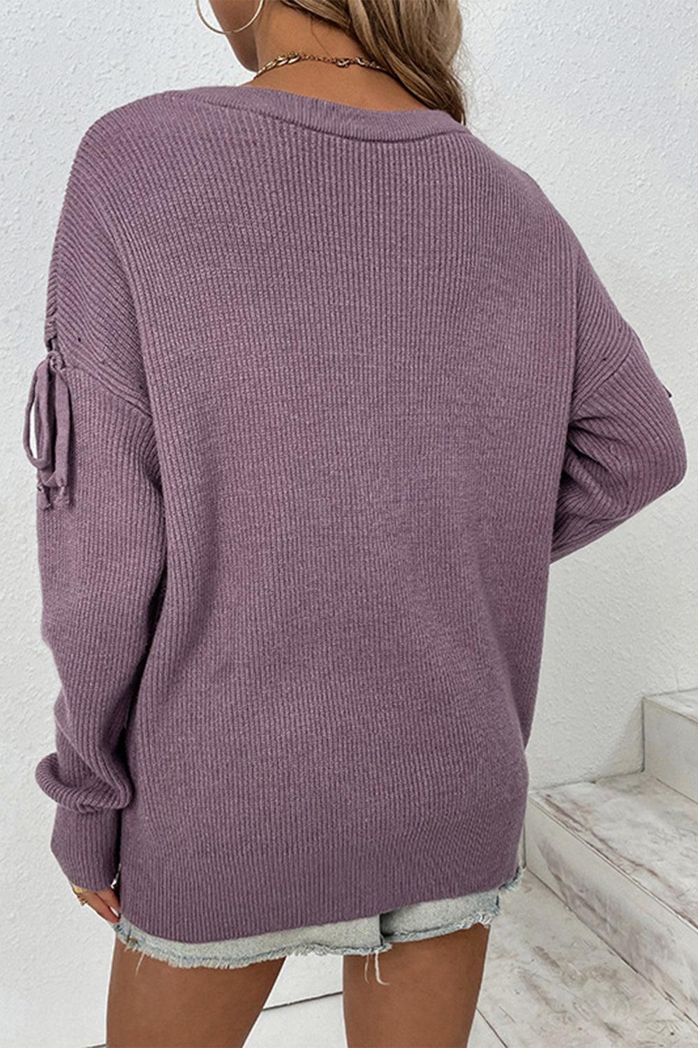 Round Neck Tied Sleeves Ribbed Sweater - Sweater