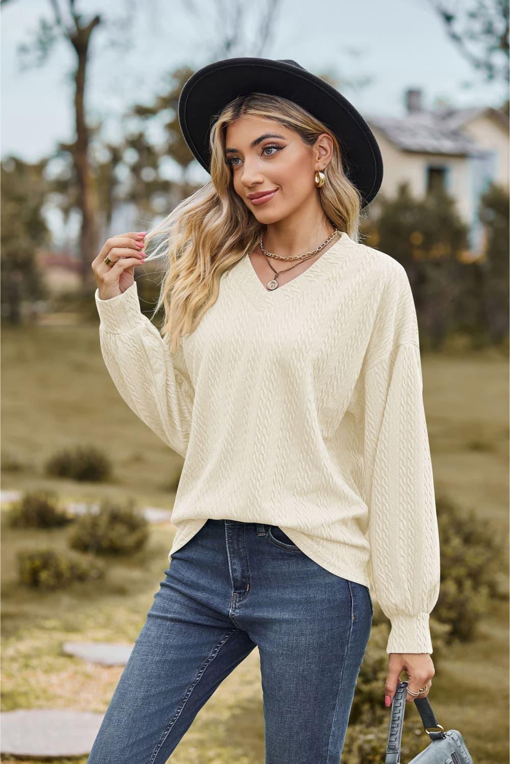 V-Neck Dropped Shoulder Long Sleeves Top - Top