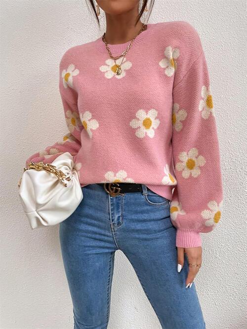 Flower Round Neck Latern Sleeve Sweater - Sweater