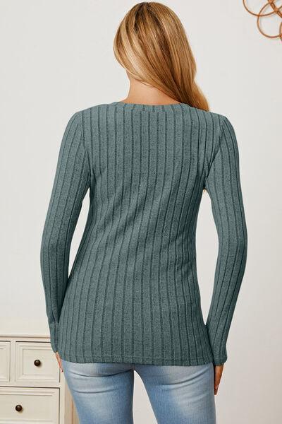 Basic Bae Ribbed V-Neck Long Sleeve Top - Top