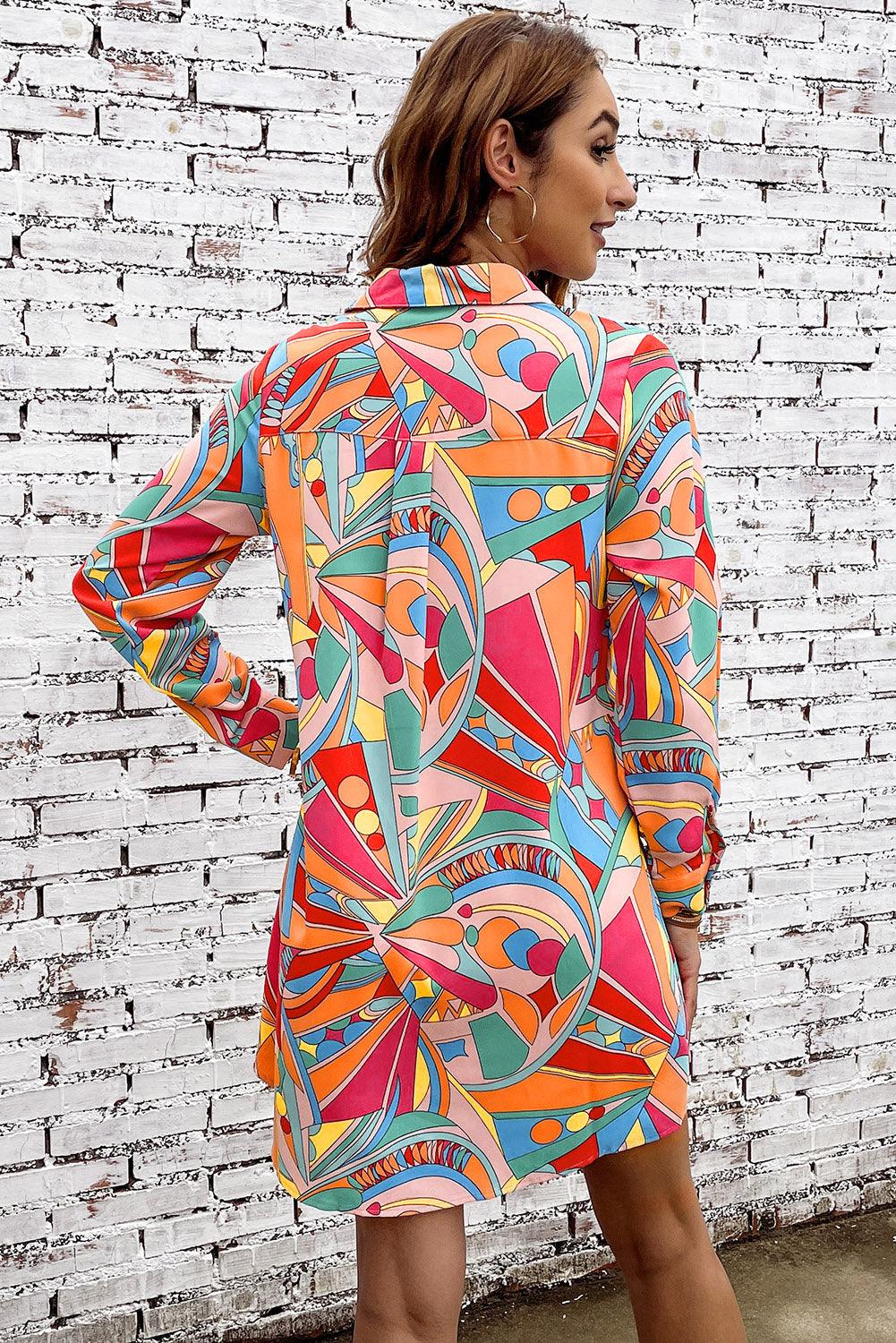 Multicolored Long Sleeve Shirt Dress - Dresses