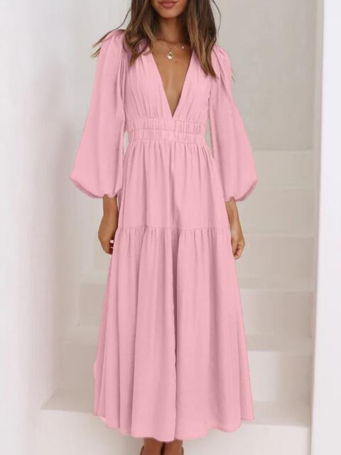 Deep V-Neck Balloon Sleeve Maxi Dress - Dresses