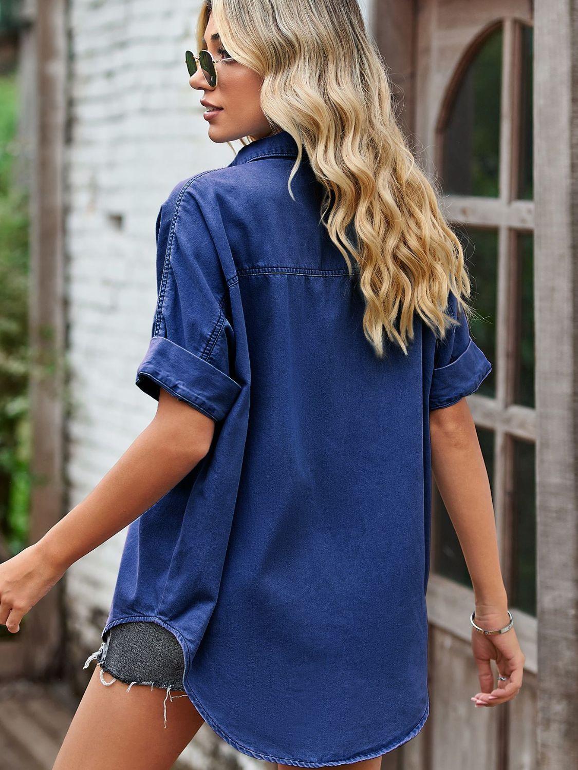 Collared Neck Short Sleeve Denim Shirt - Shirt