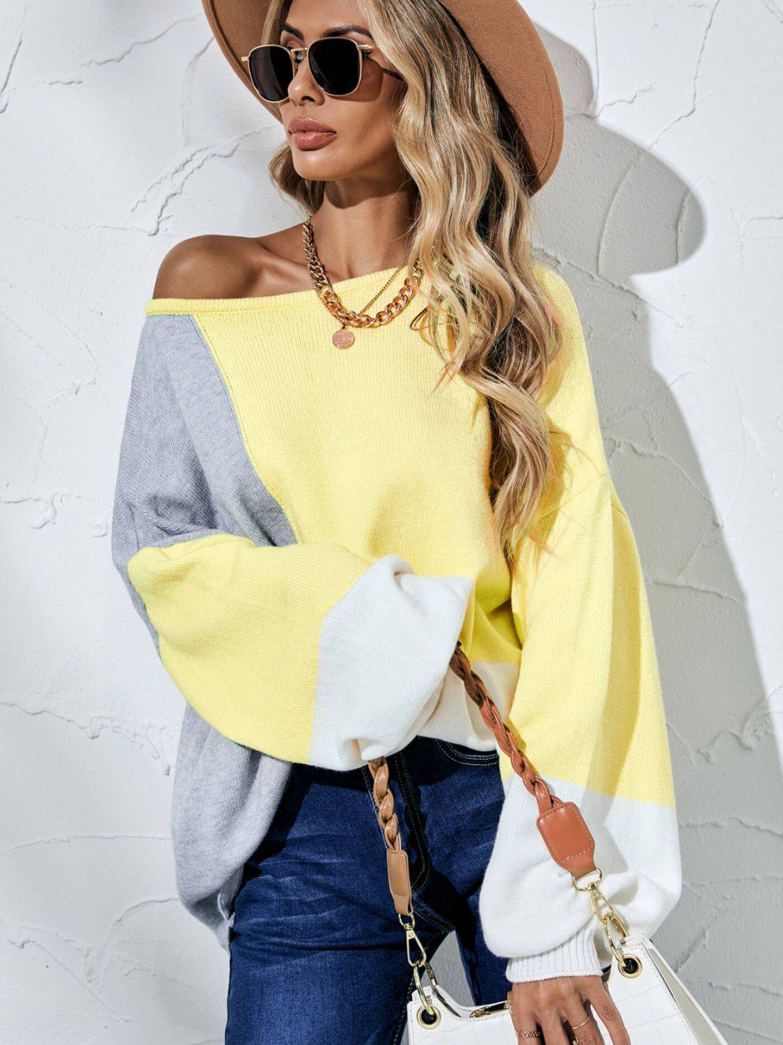 Color Block Balloon Sleeve Boat Neck Sweater - Sweater