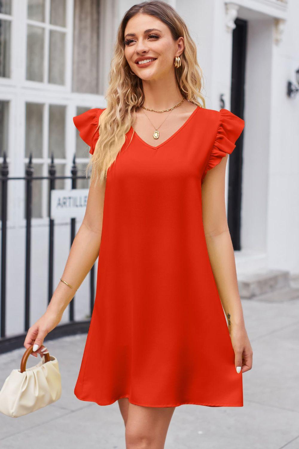 V-Neck Ruffle Cap Flutter Sleeve Mini Dress - Dresses