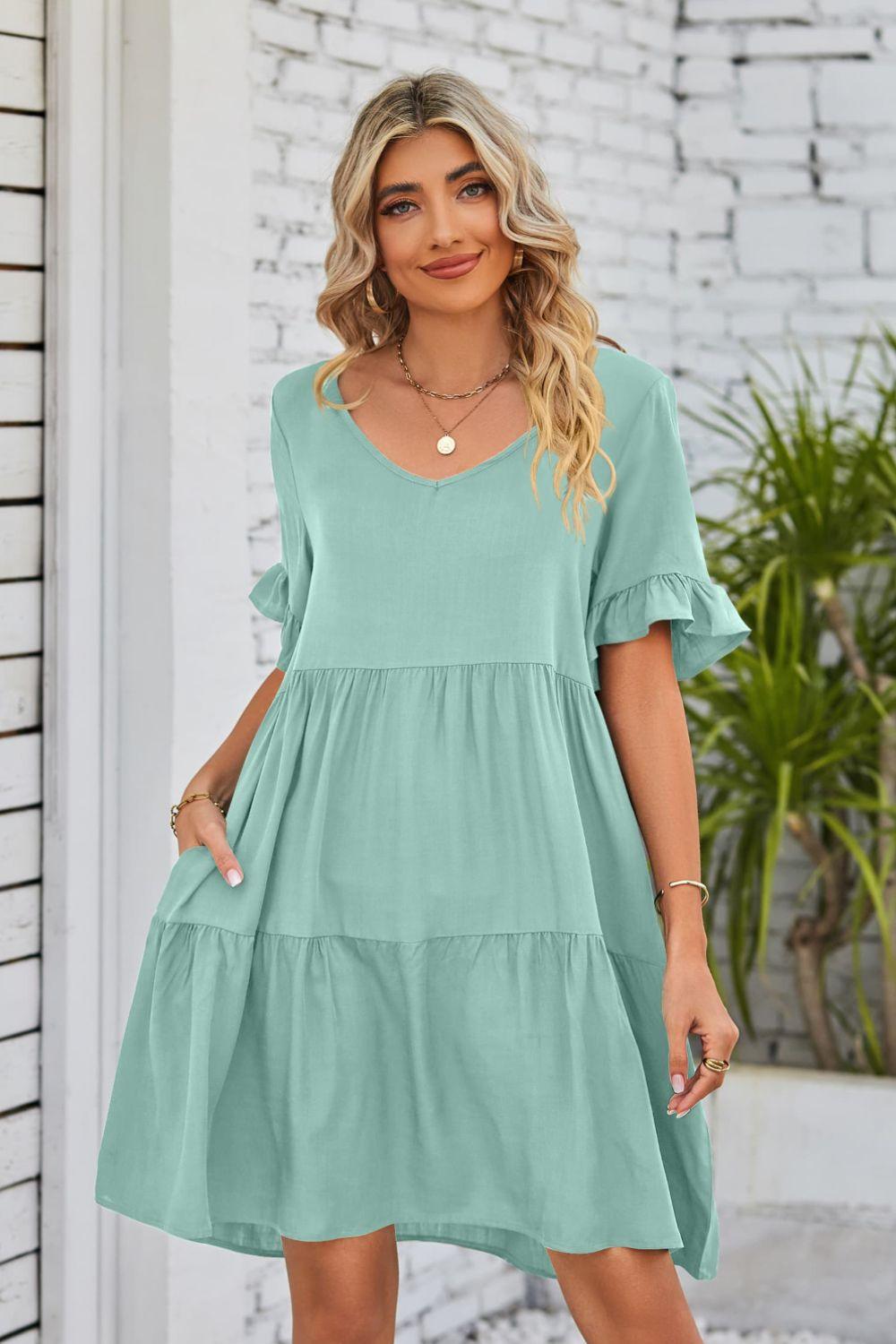 V-Neck Flounce Sleeve Knee Length Ruffle Tiered Dress - Dresses