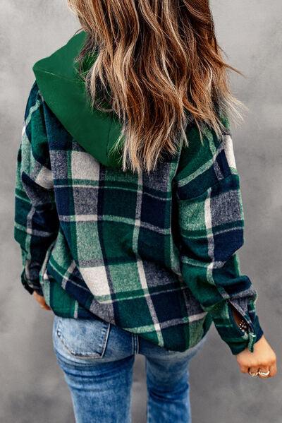 Button Up Plaid Hooded Shacket - Jacket