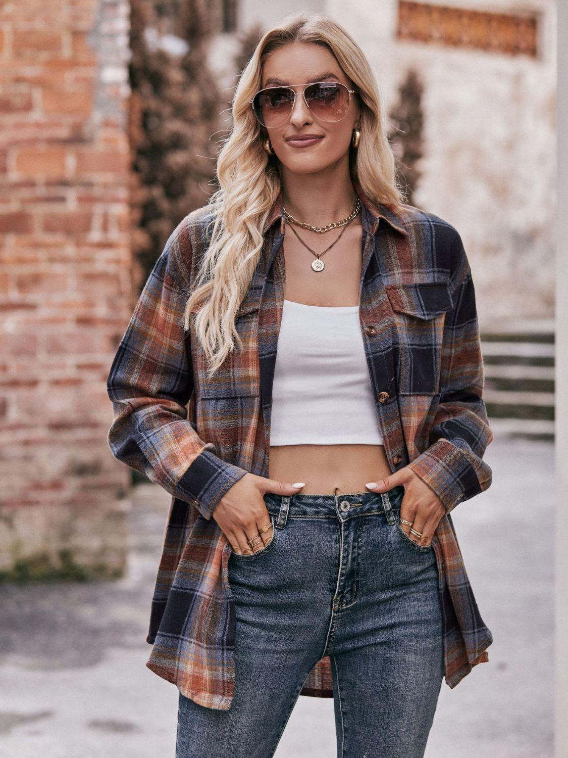 Plaid Dropped Shoulder Longline Oversized Shirt - Shirt