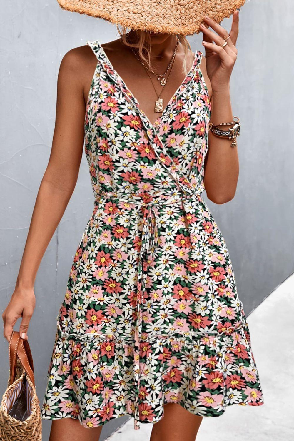 Floral Frill Trim V Neck Sleeveless Casual Mini Dress - Dresses