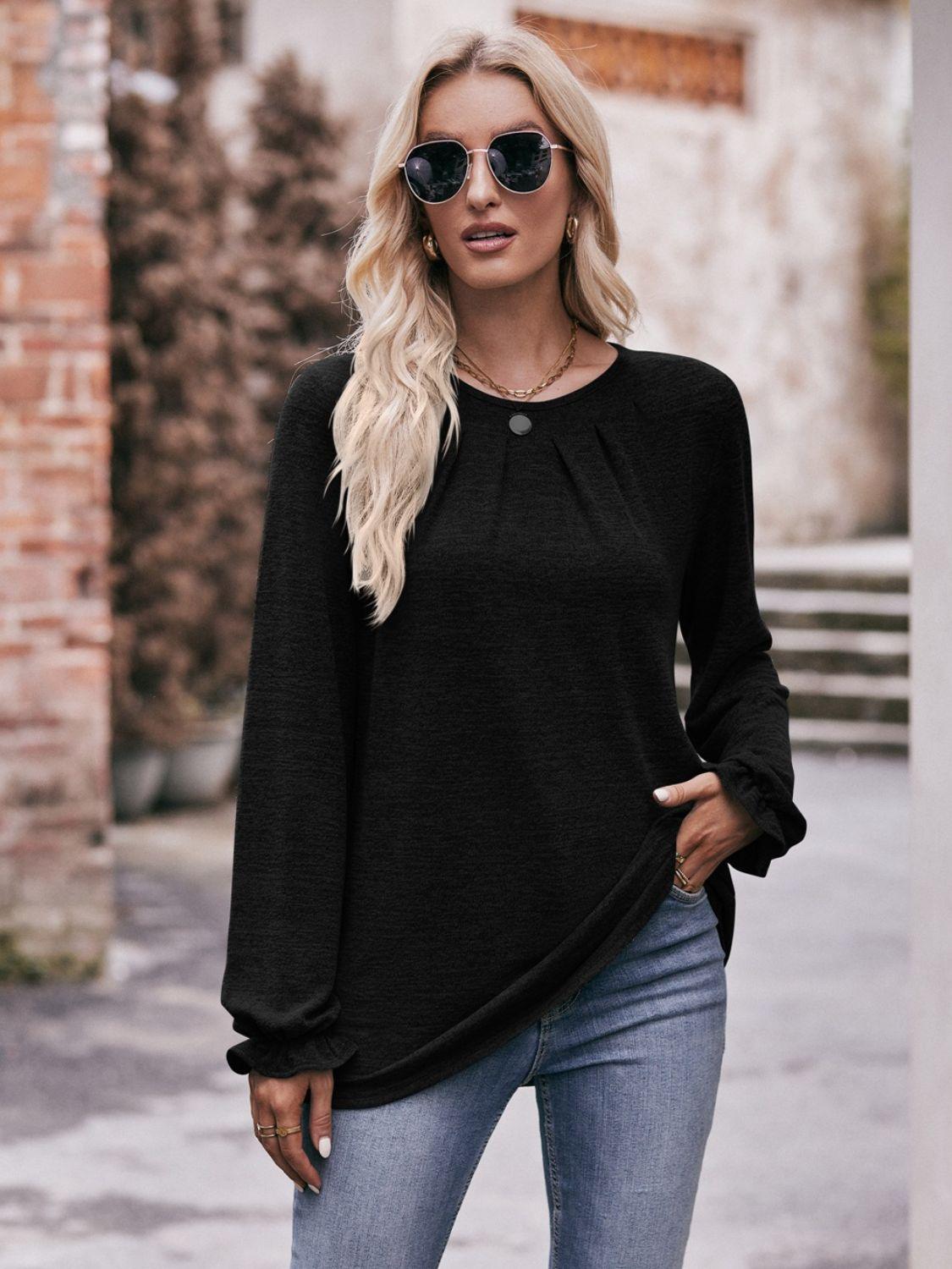 Double Take Long Flounce Sleeve Round Neck Top - Top