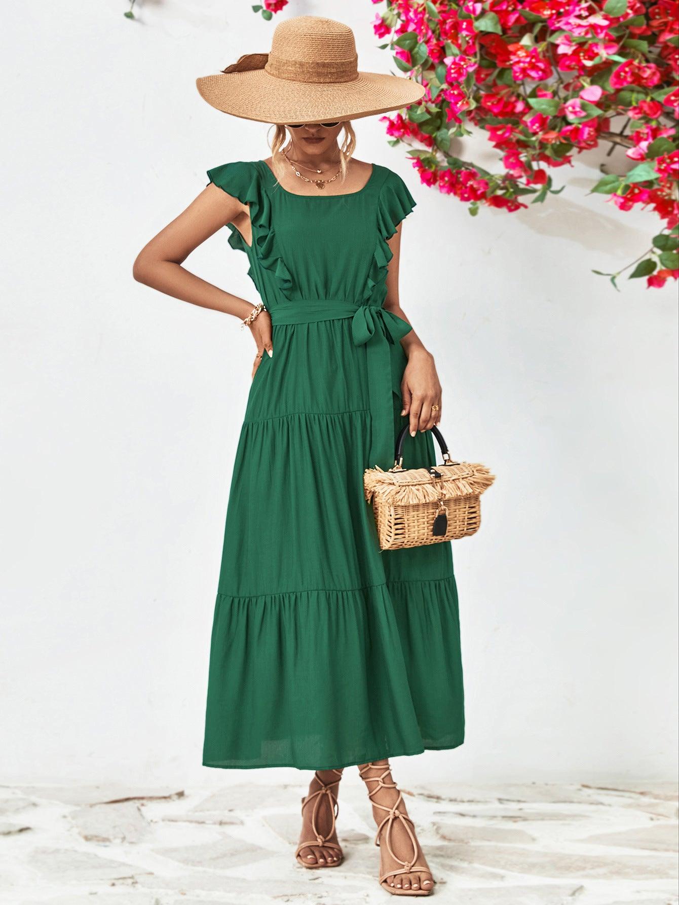 Tie Belt Ruffled Tiered Midi Dress - Dresses