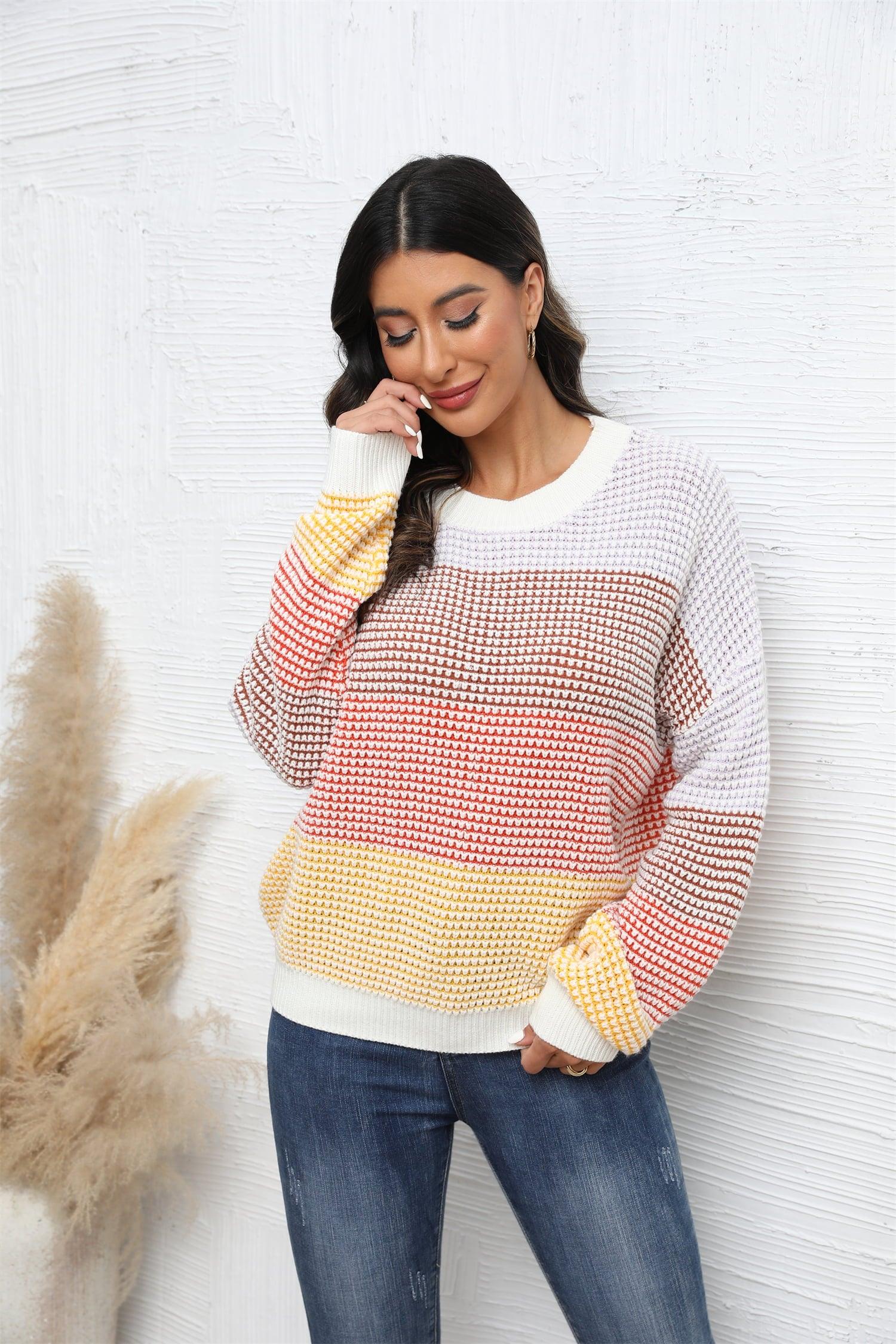 Waffle-Knit Round Neck Color Block Sweater - Sweater