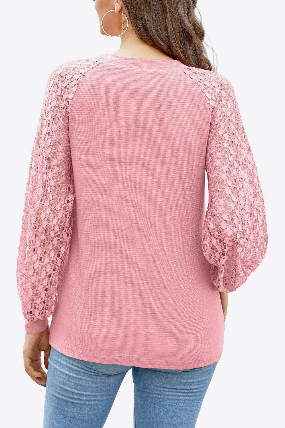 Eyelet Long Raglan Sleeve Round Neck Tee - Top