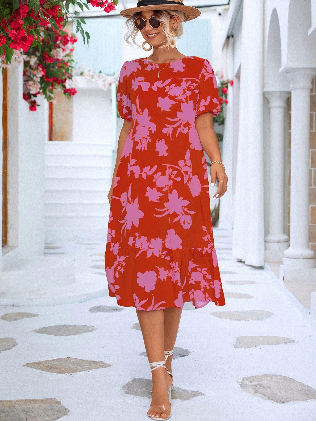 Floral Puff Sleeve Ruffle Hem Round Neck Midi Dress - Dresses