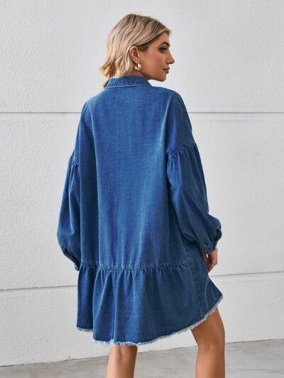 Button Up Pocketed Raw Hem Denim Dress - Dresses