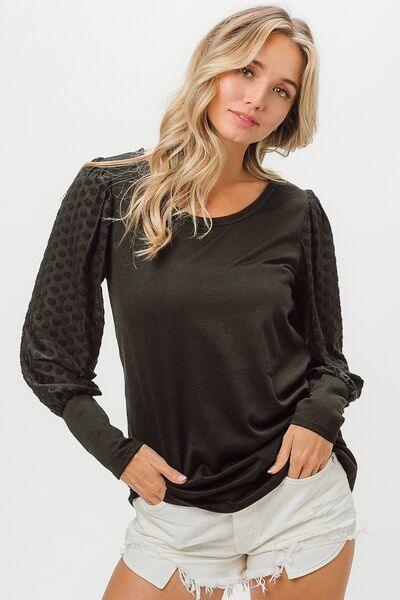 BiBi Round Neck Polka Dot Lantern Sleeve Top - Top