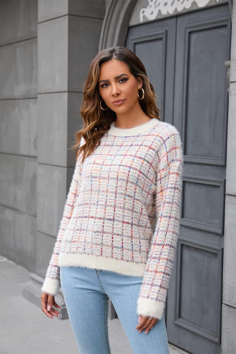 Plaid Plush Round Neck Dropped Shoulders Sweater - Sweater