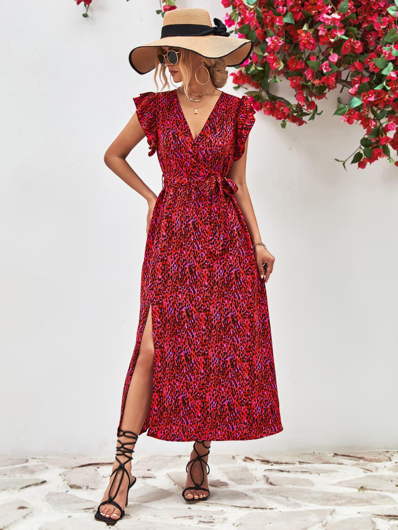 Printed Surplice V-Neck Flutter Sleeves Slit Midi Dress - Dresses