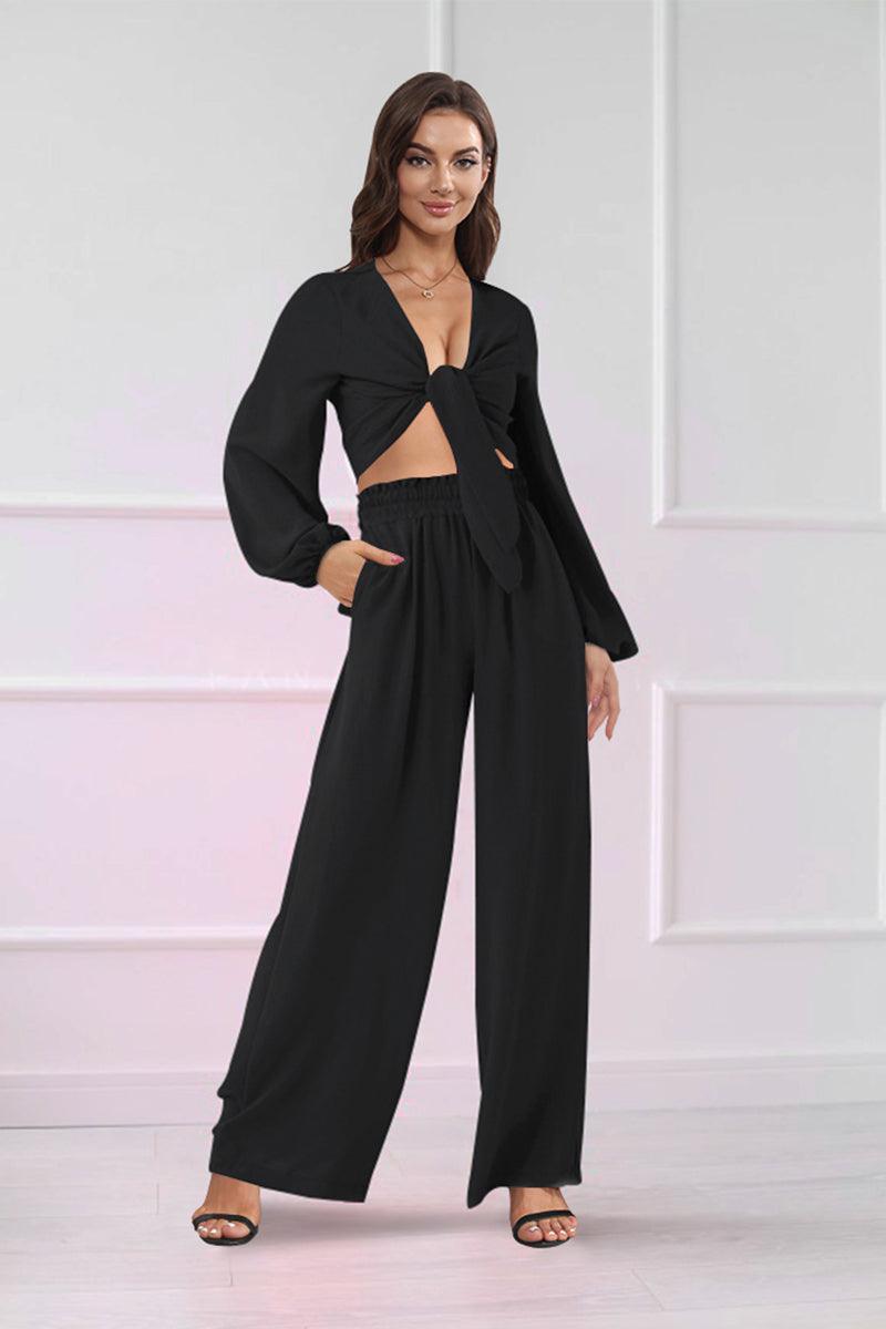 Cutout Long Sleeve Top and Wide Leg Pants Set - Pant & Top