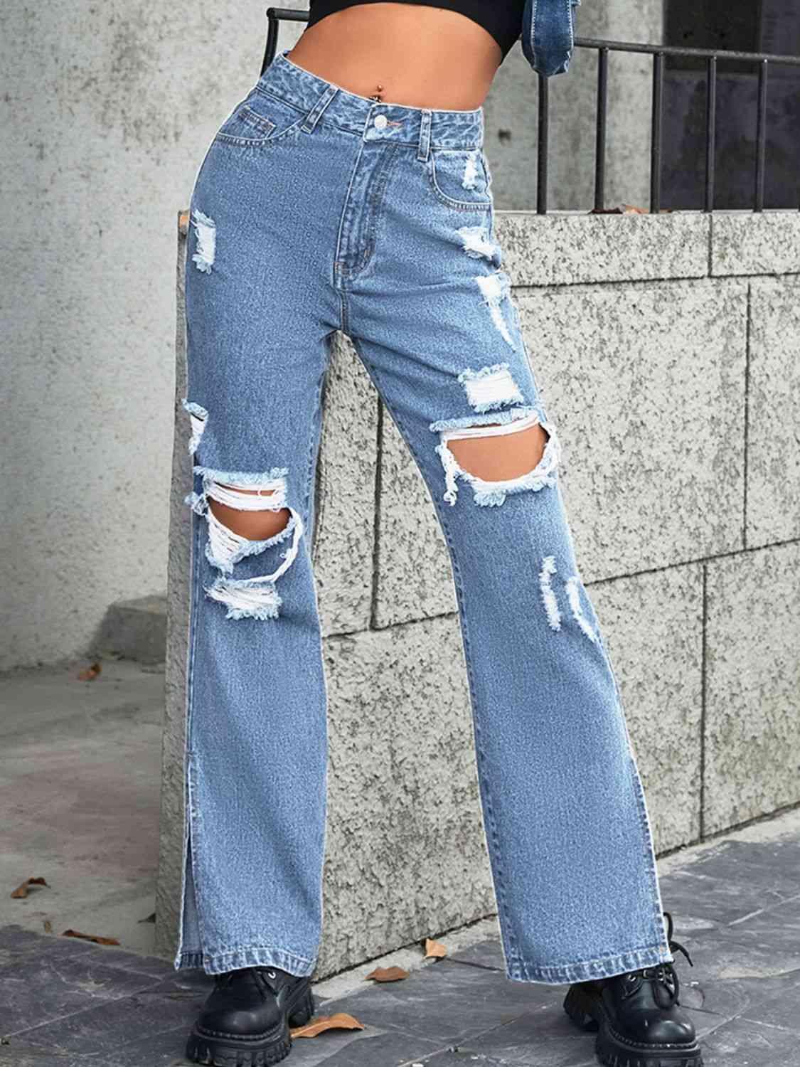 Distressed Slit High Rise Straight Leg Jeans - Jeans