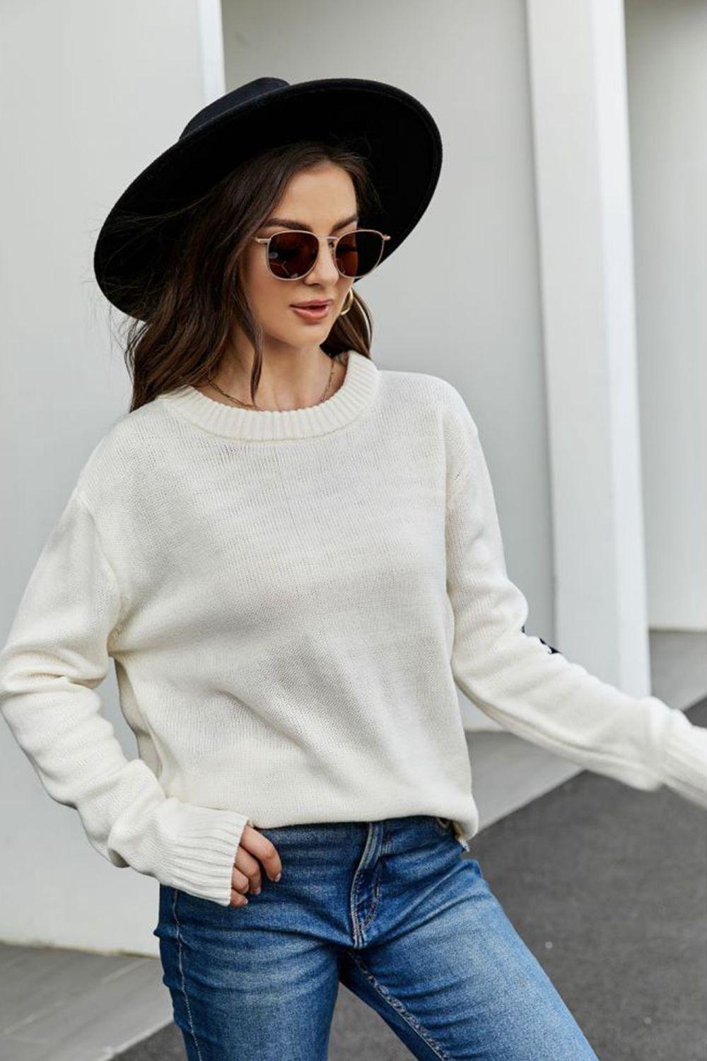 Round Neck Dropped Shoulder Sweater - Sweater