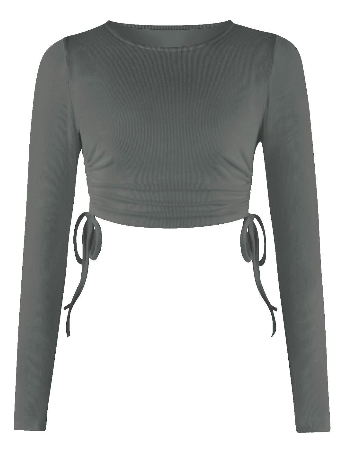 Cropped Drawstring Round Neck Long Sleeve Top - Top