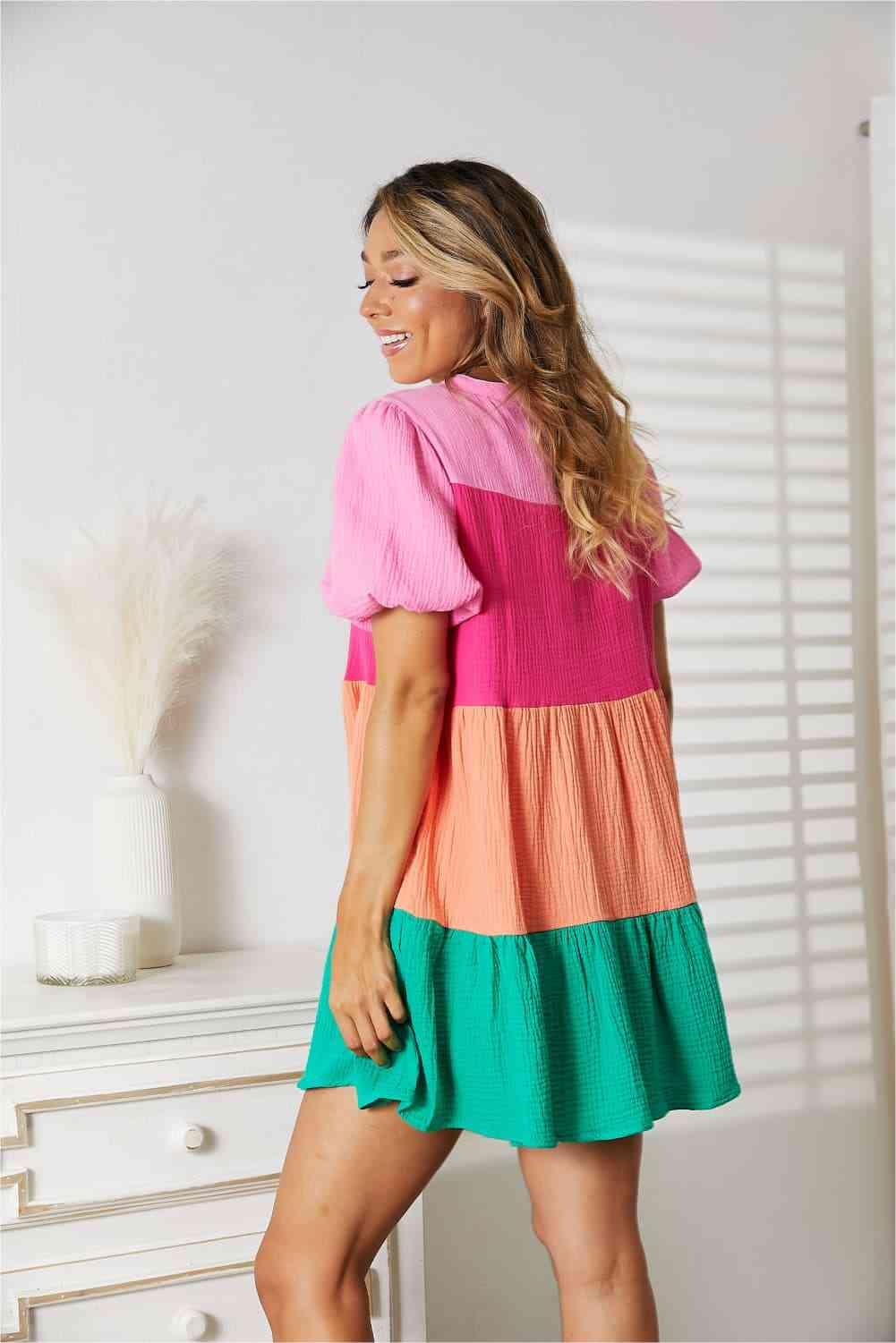 Double Take Color Block Buttoned Puff Sleeve Dress - Dresses
