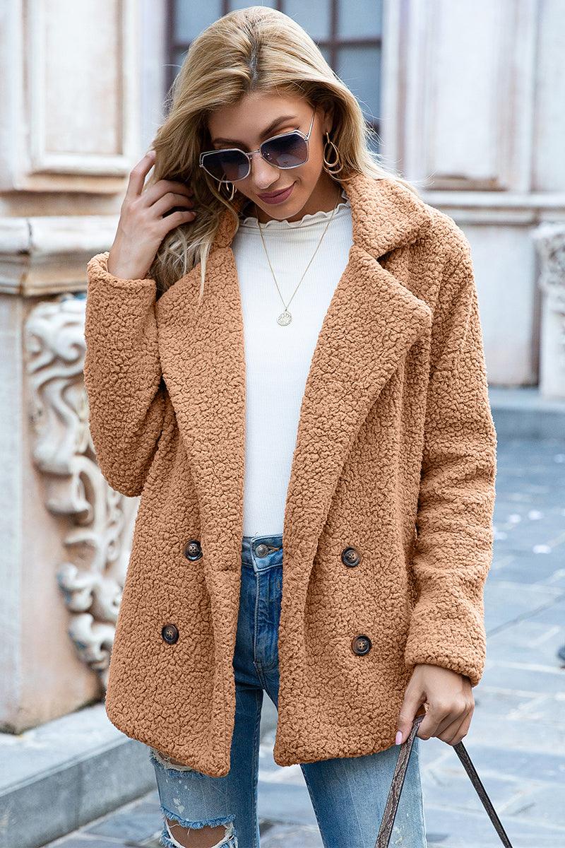 Full Size Lapel Collar Sherpa Coat - Coat