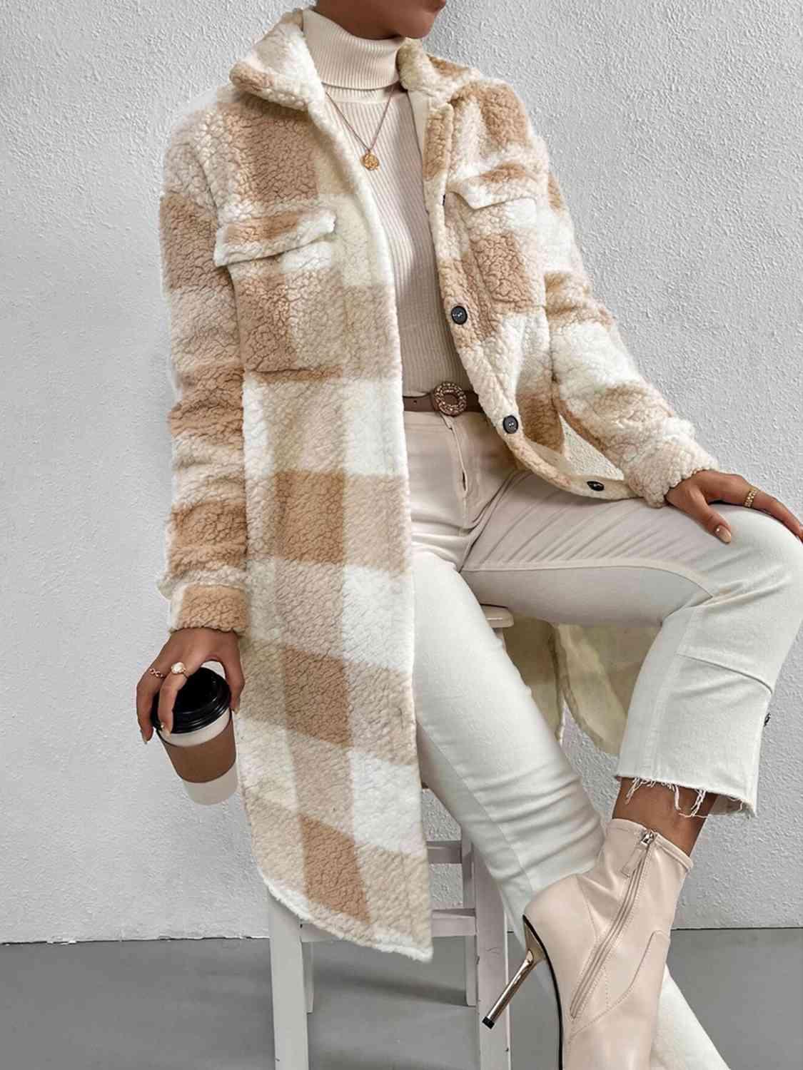 Plaid Button Down Fleece Coat - Coat