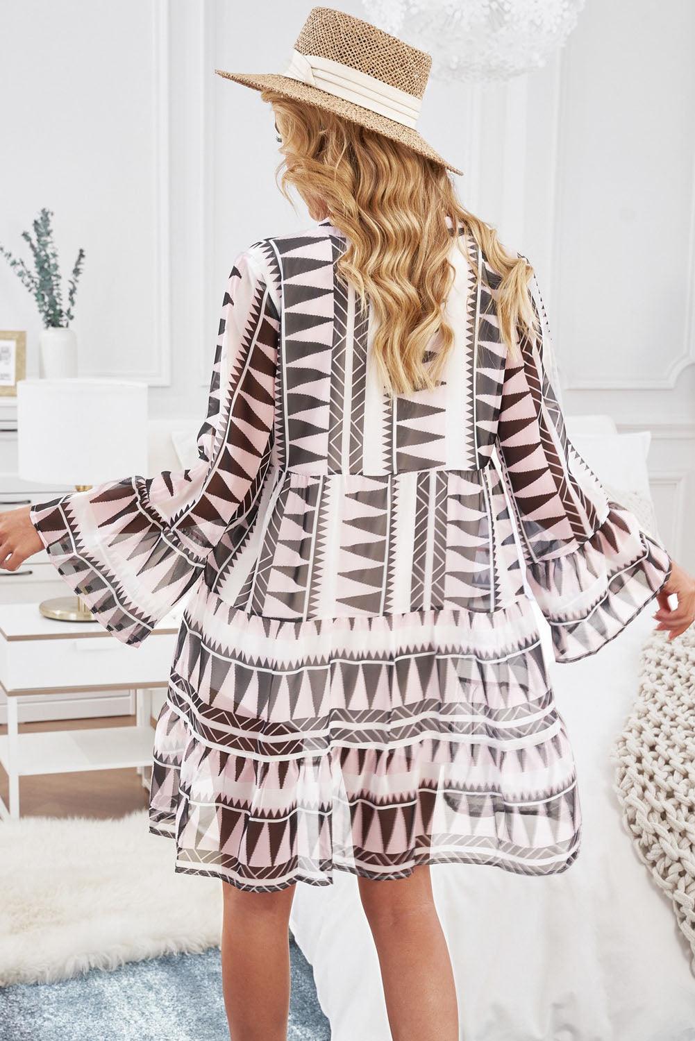 Printed Notched Neck Flare Sleeve Tiered Mini Dress - Dresses