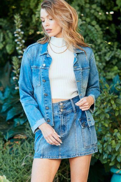 Veveret Button Up Raw Hem Denim Jacket - Jacket