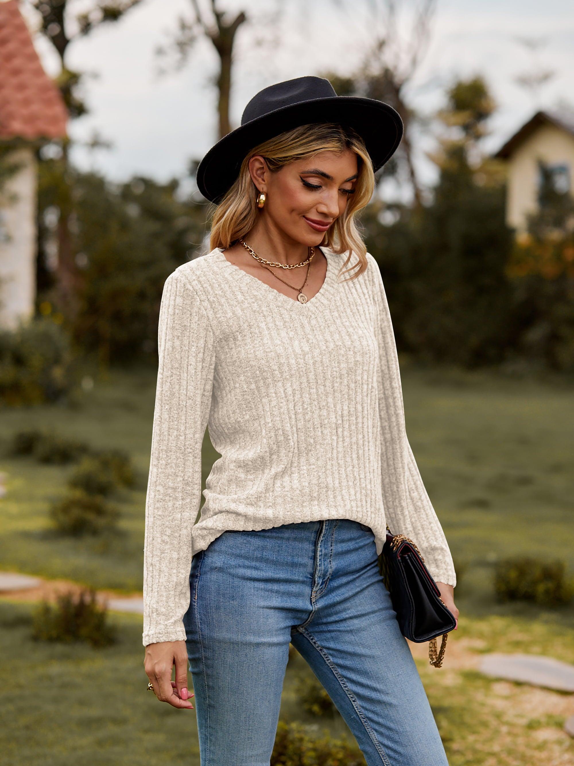 Ribbed V-Neck Long Sleeve Top - Top