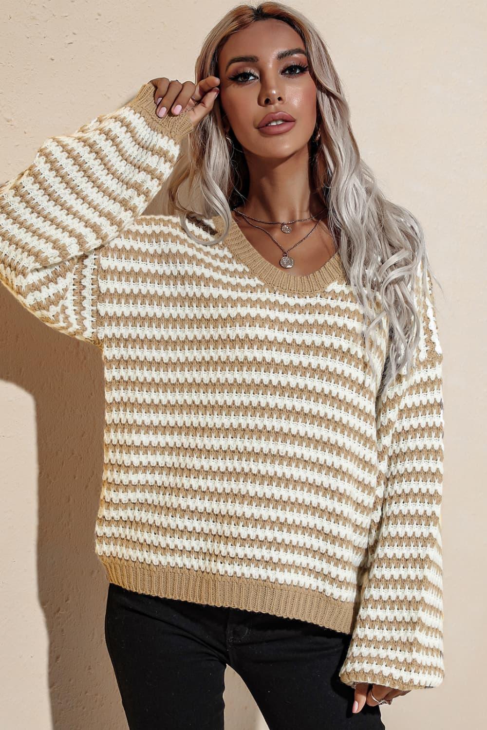 Striped V-Neck Dropped Shoulder Sweater - Sweater