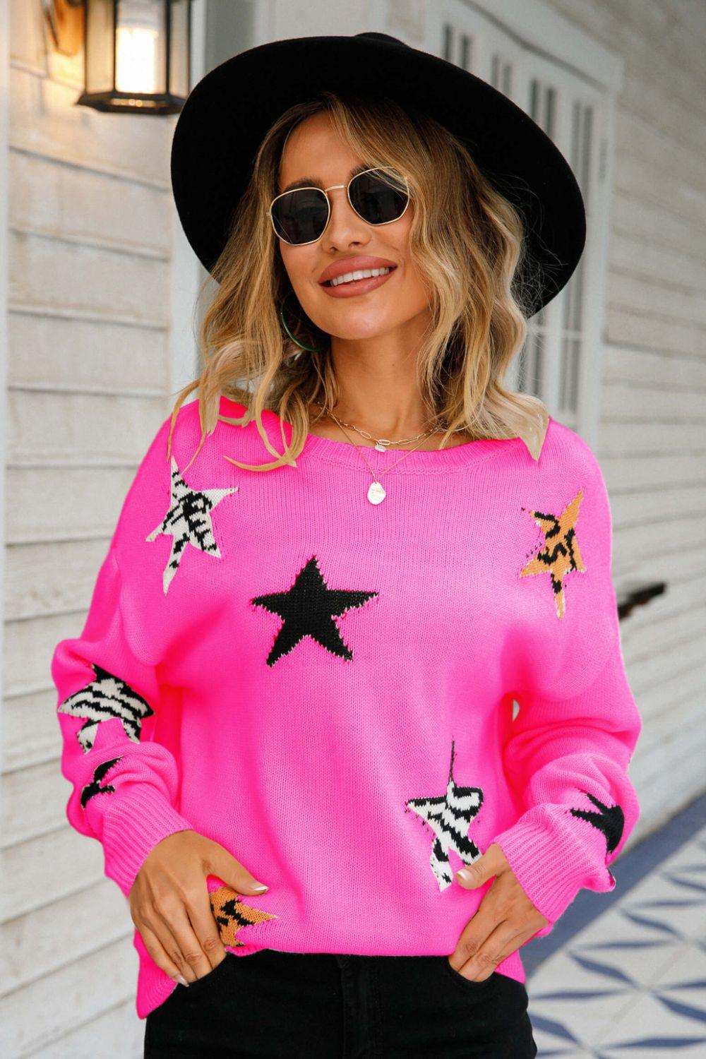 Star Pattern Round Neck Dropped Shoulder Sweater - Sweater