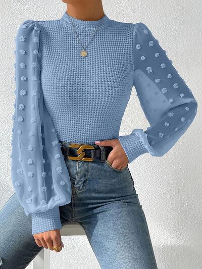 Swiss Dot Waffle-Knit Lantern Sleeve Top - Top