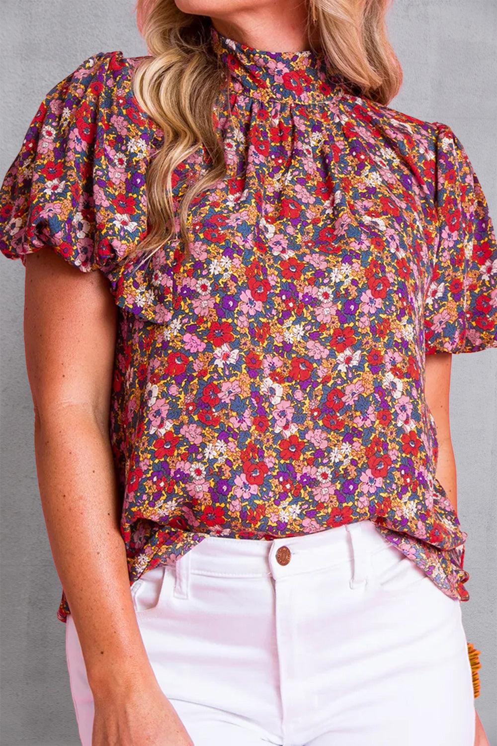 Floral Mock Neck Short Sleeve Top - Top