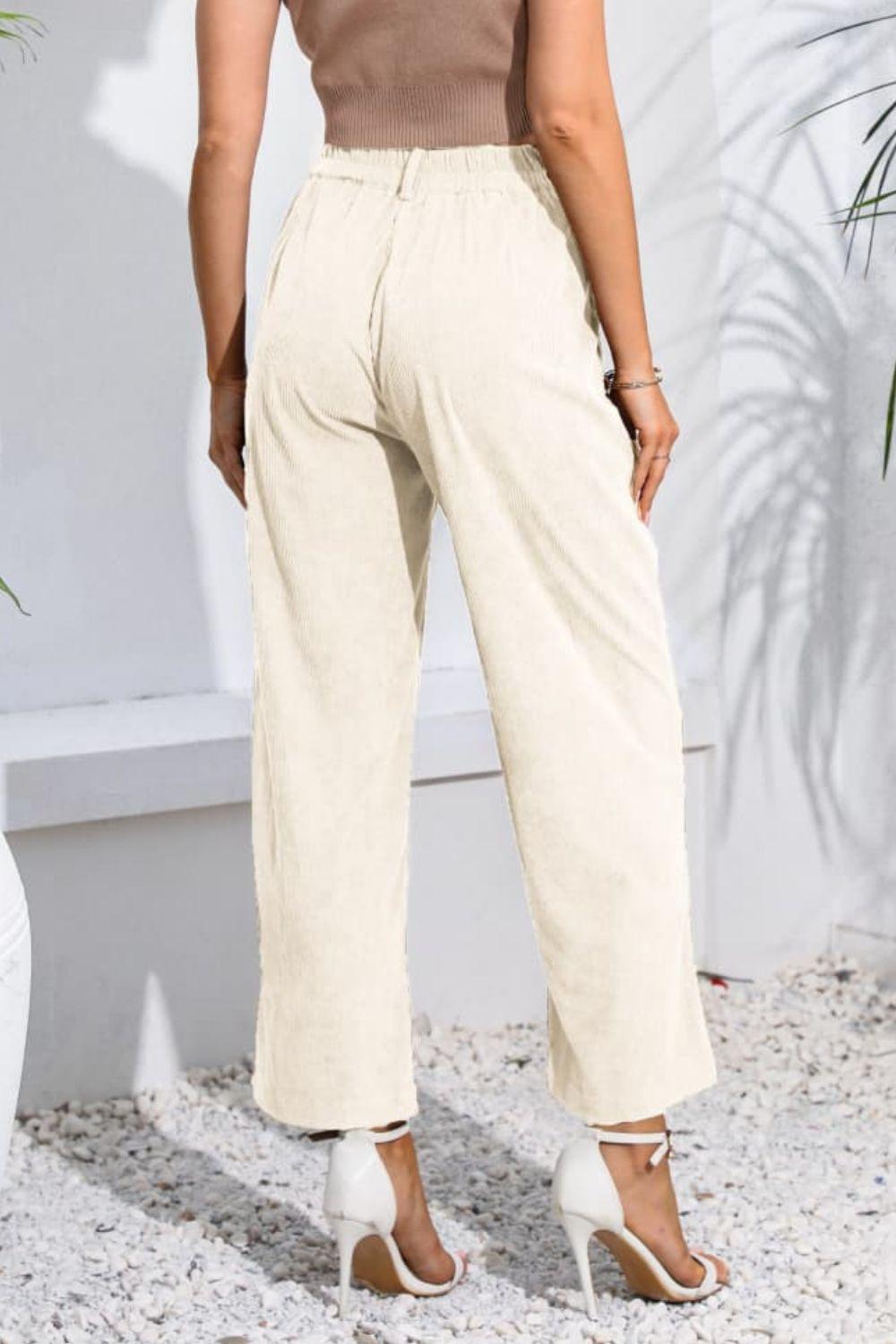 Cropped Buttoned Straight Leg High Waist Pleated Pants - Pant