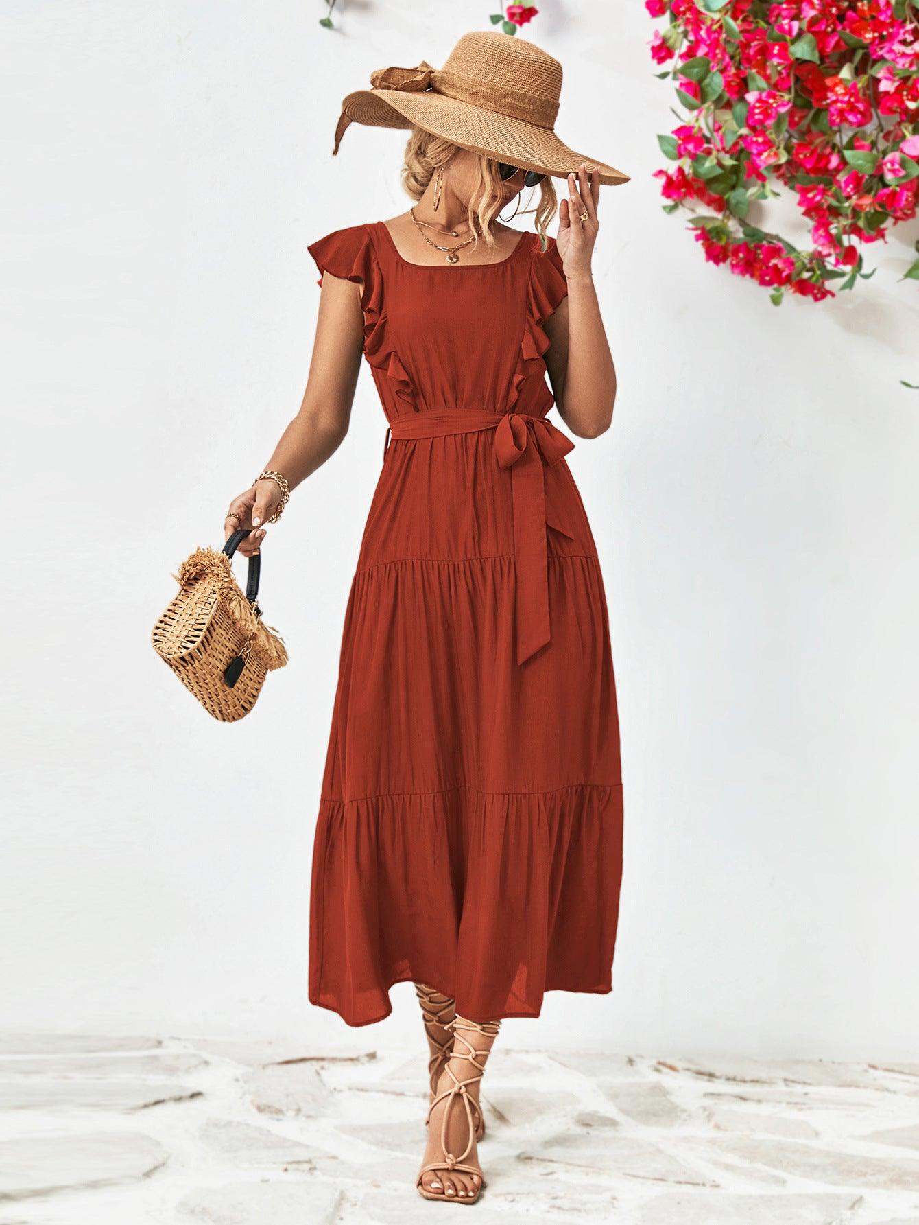 Tie Belt Ruffled Tiered Midi Dress - Dresses