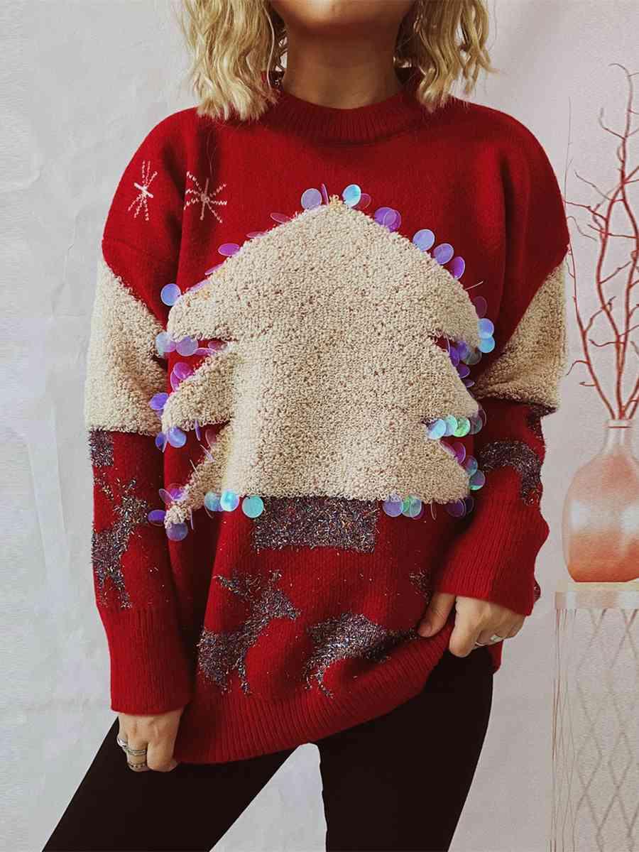 Sequin Christmas Tree Reindeer Sweater - Sweater